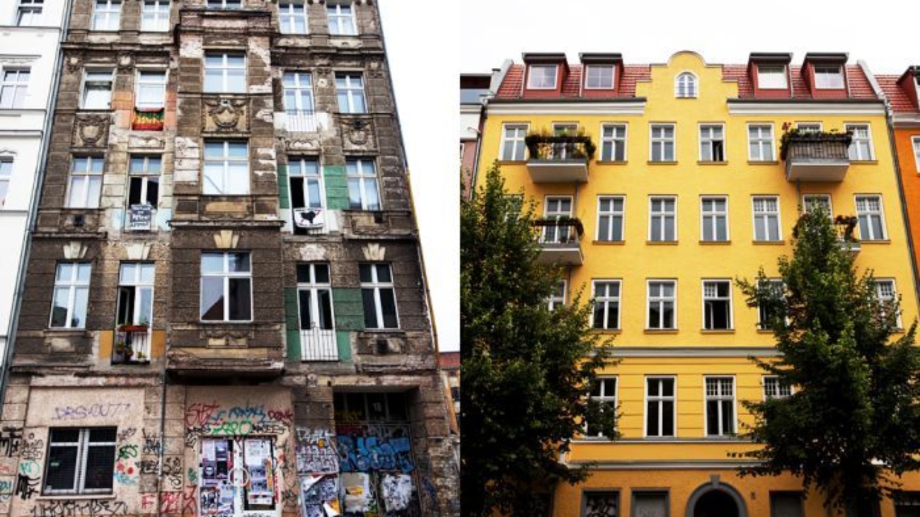 ilustrar um edificio antes e depois da gentrificação