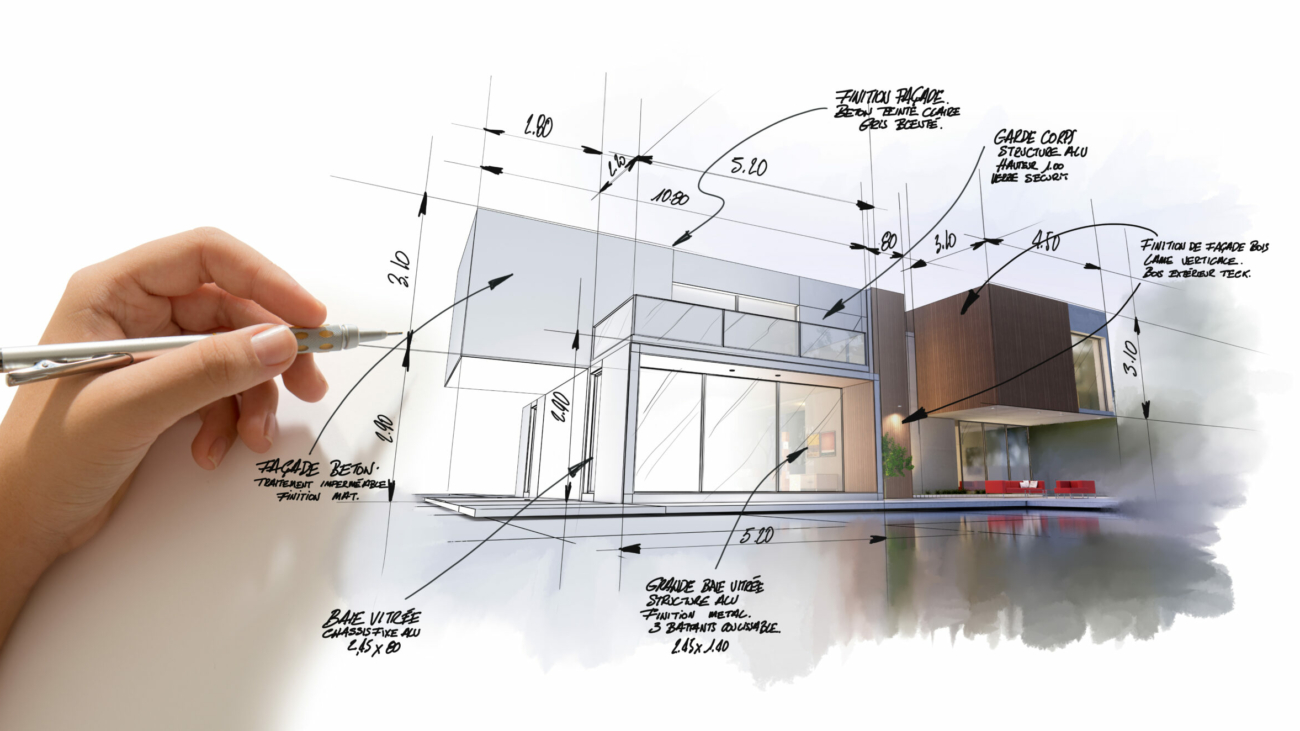 3D rendering of a modern  high end architecture project with a hand sketching and drafting