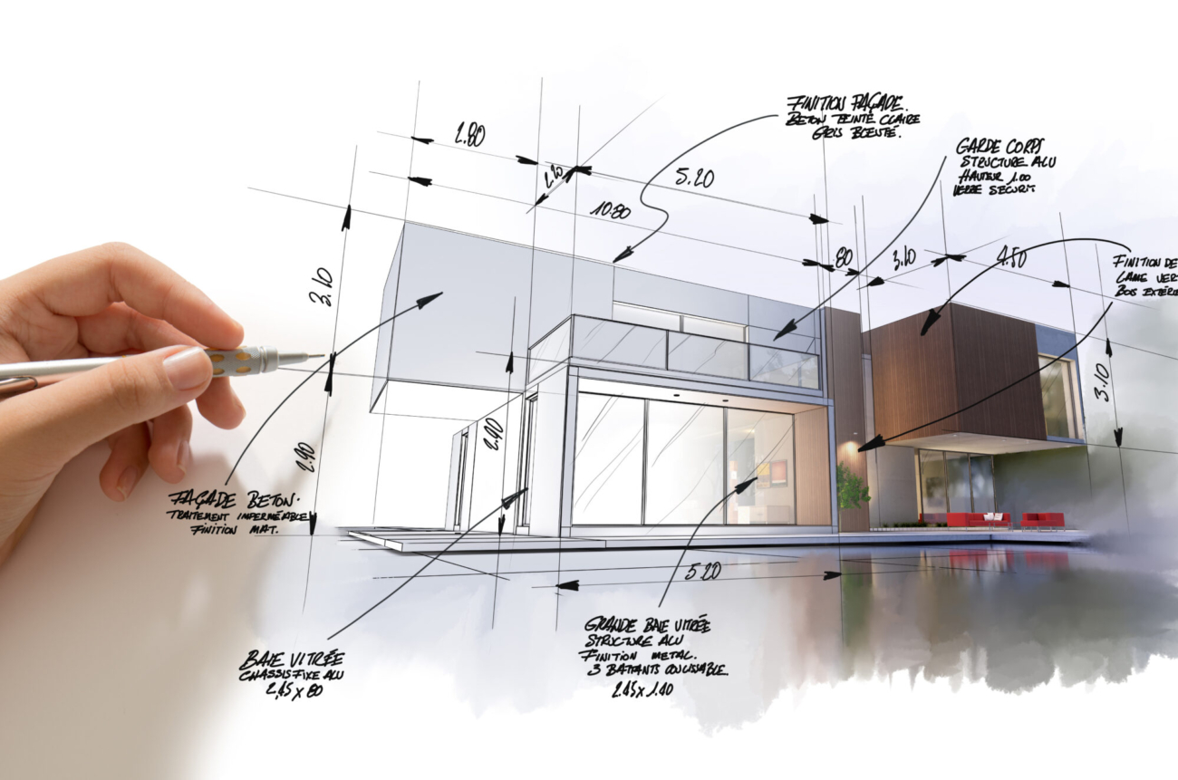 3D rendering of a modern  high end architecture project with a hand sketching and drafting