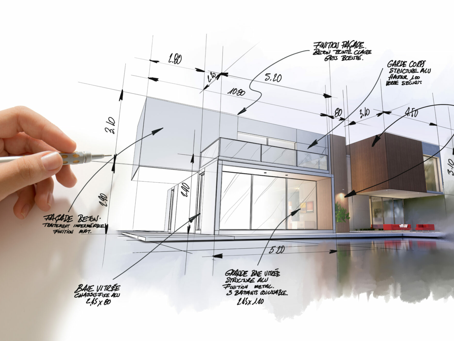 3D rendering of a modern  high end architecture project with a hand sketching and drafting